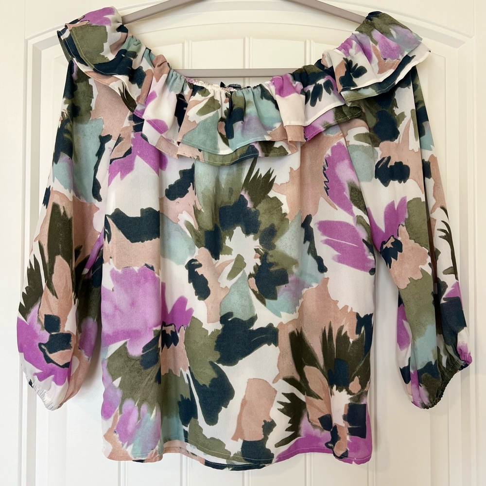 NWT J.Crew Floral Printed Off The Shoulder Ruffle Blouse Sz XS - Picture 3 of 11